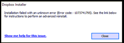 Installation Failed Error Code 1073741795 - Dropbox Community