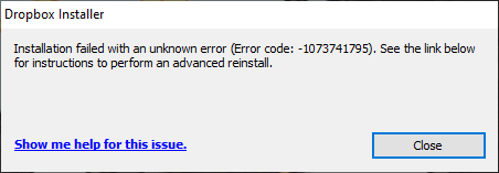 Installation Failed Error Code 1073741795 - Dropbox Community