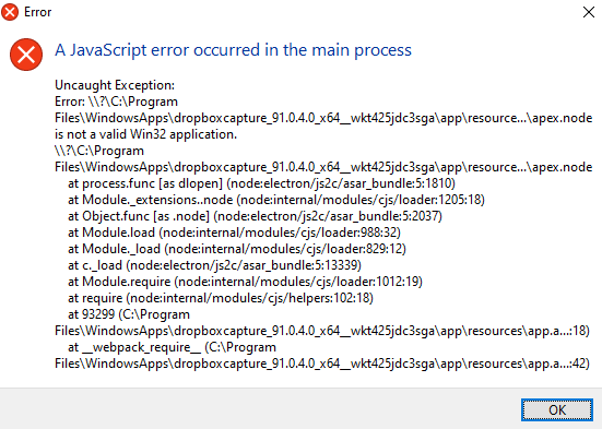 "A JavaScript error occurred in the main process" - Dropbox Community