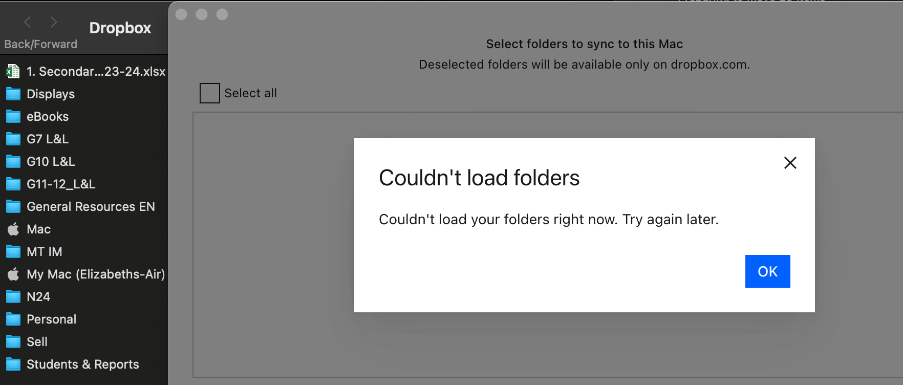 I can't use the selective sync feature due to an error - Dropbox Community