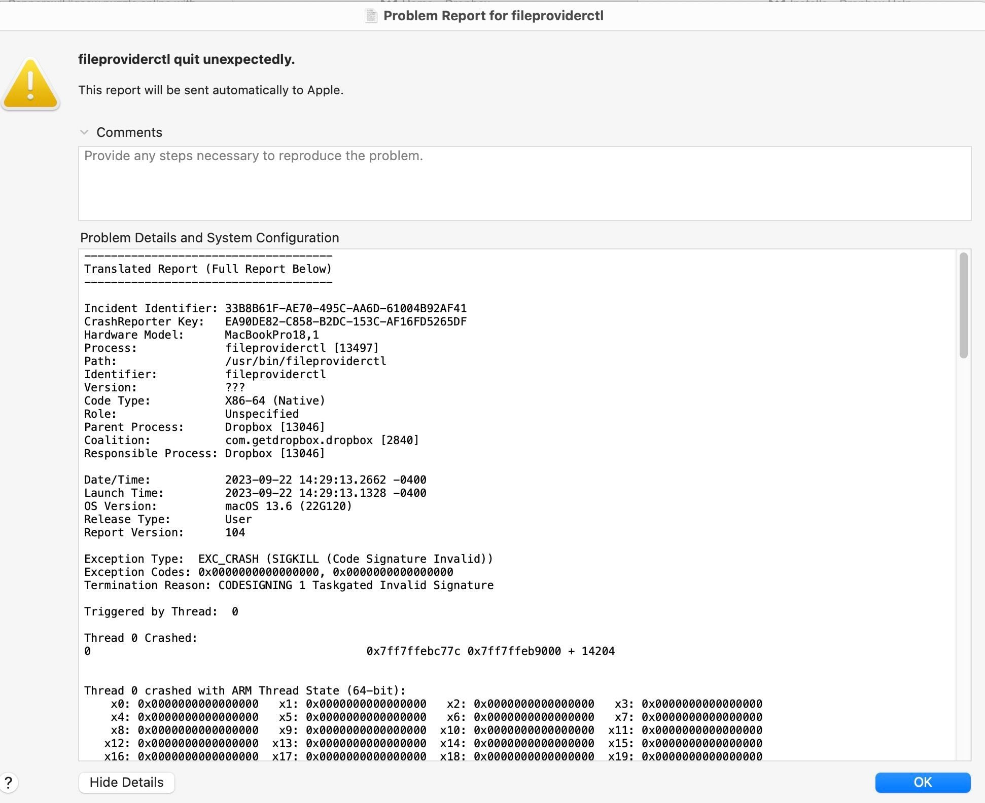 fileproviderctl crash on Mac OS - Dropbox Community