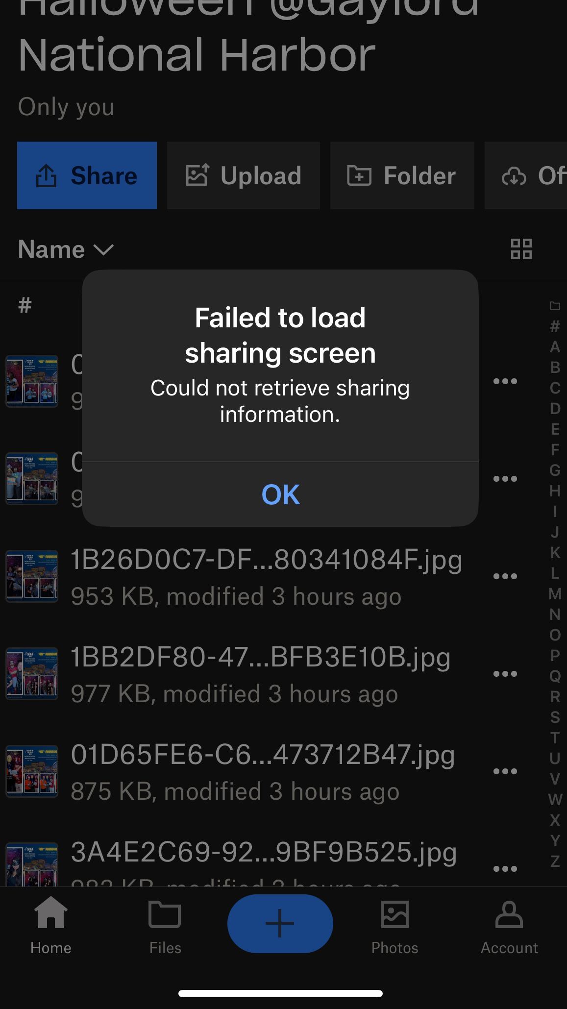 Sharing: Failed to load sharing screen, could not retrieve sharing ...
