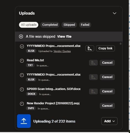 Upload from external drive to web account stuck in queue - Dropbox ...