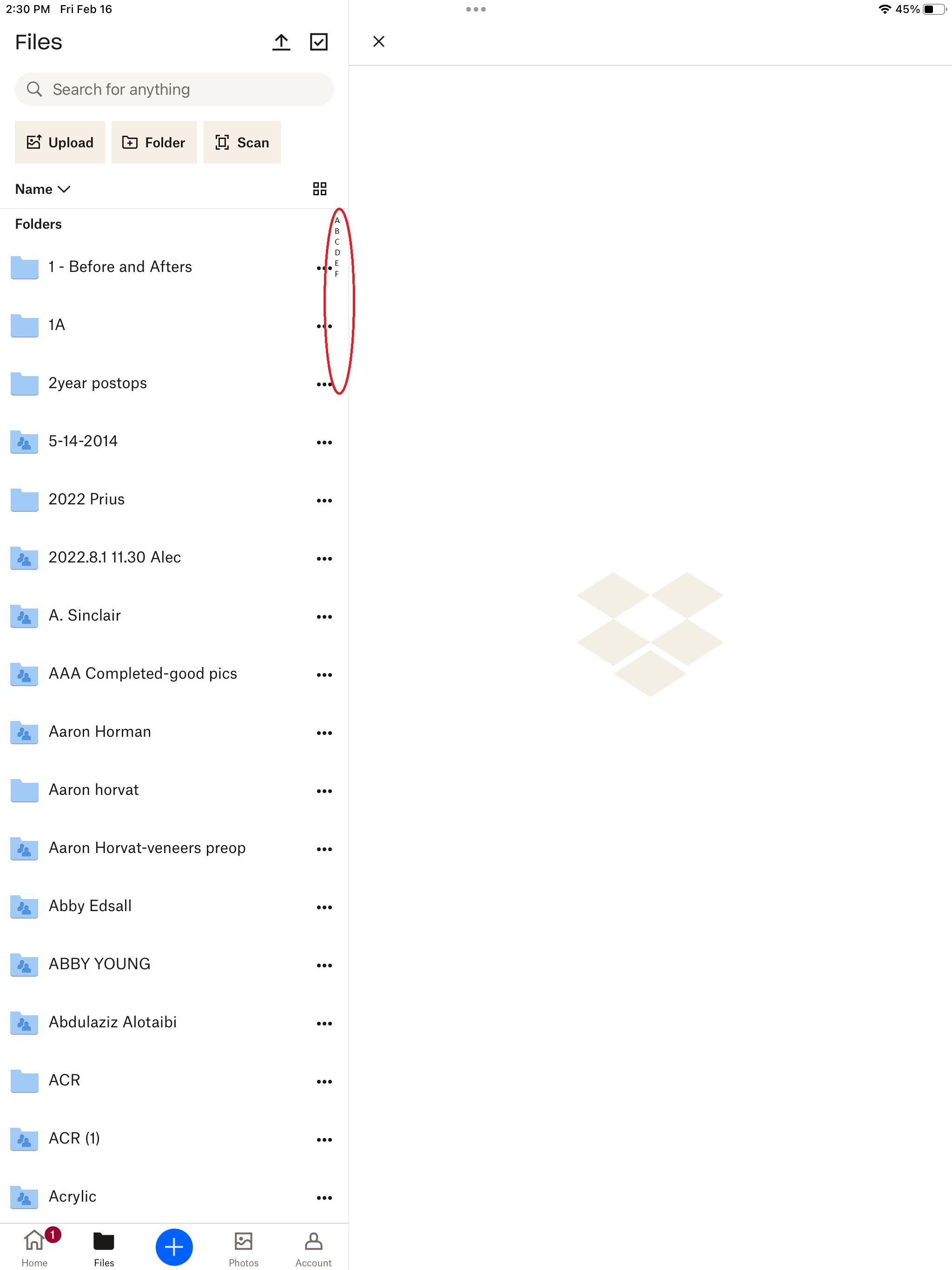 Alphabet navigation on ipad disappeared - Dropbox Community