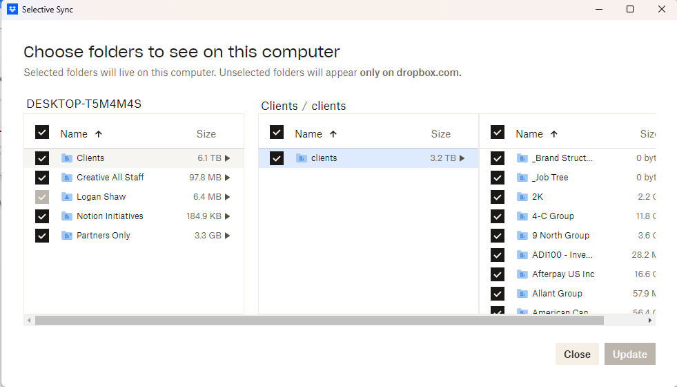 Selective sync - Showing all folders marked for sync, even though I ...