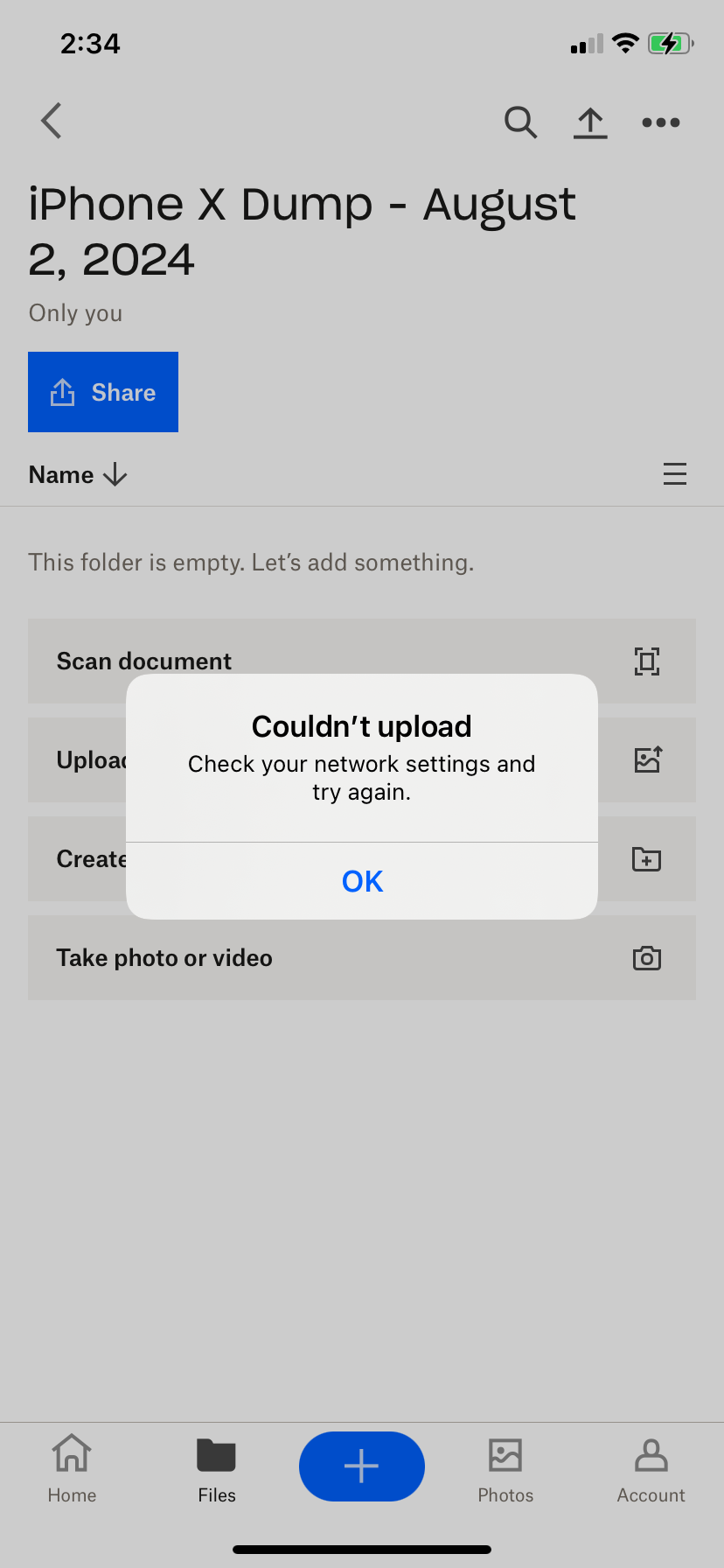 I can't upload videos or photos to my iOS mobile app; it says "check ...