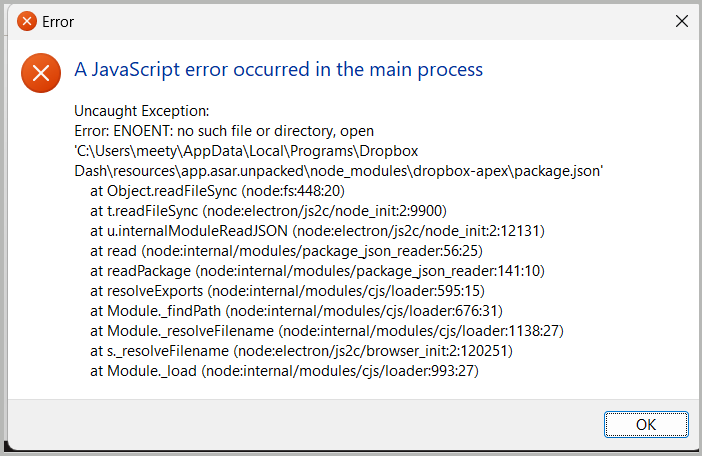 After uninstalling Dropbox Dash, I get the error "A JavaScript error ...