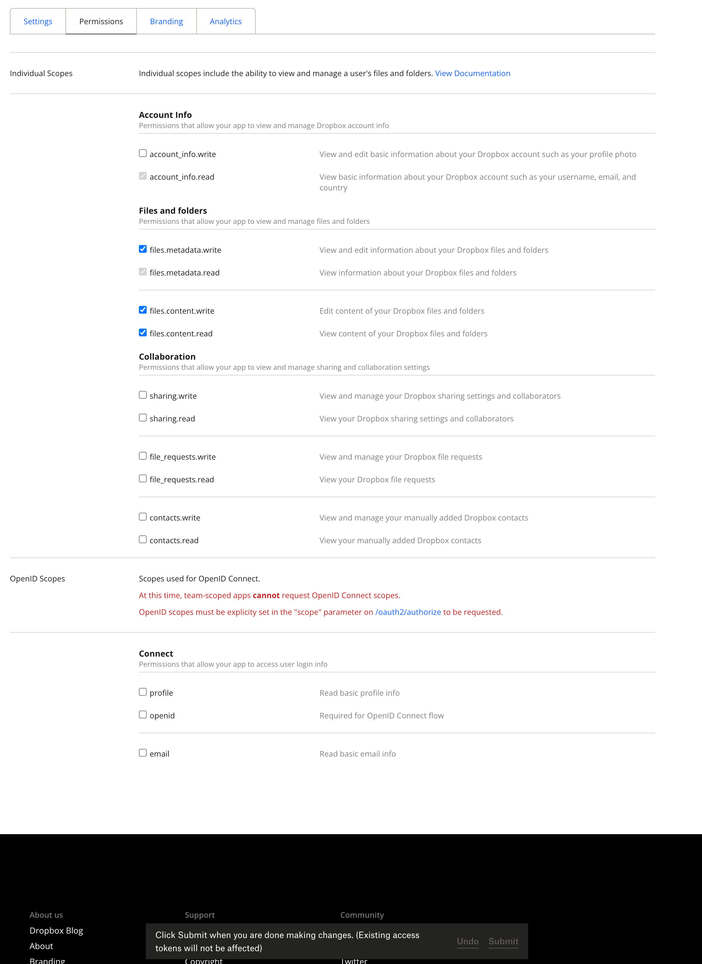 Permission changes aren't persisted in my App. - Dropbox Community