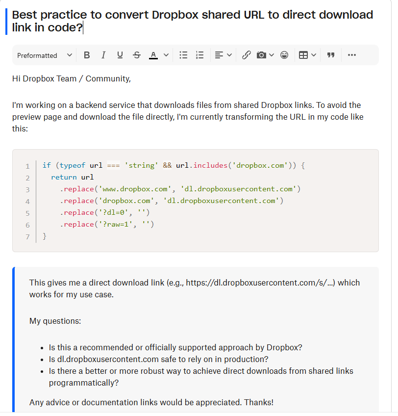 Drop Box Coding Best practice to convert Dropbox shared URL to direct download link in ...