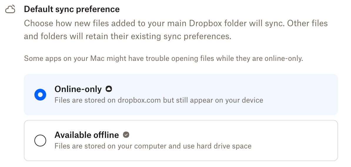 Dropbox desktop app on Mac forces sync preference to be online-only ...