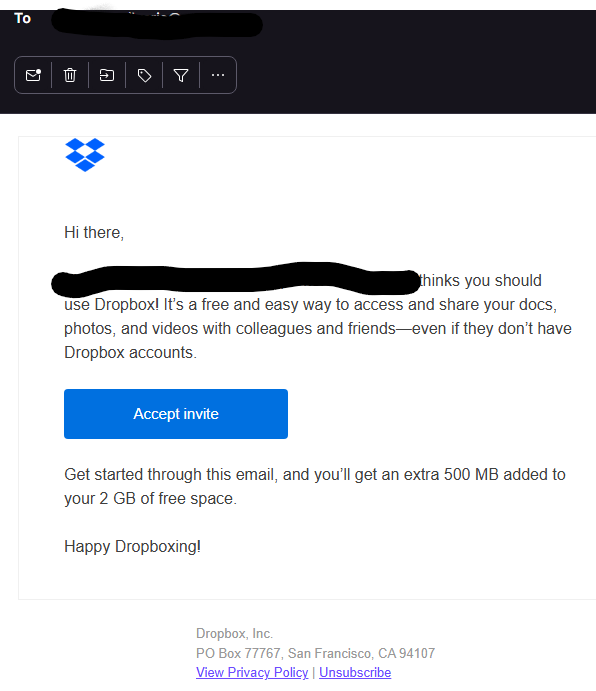 I accepted an invitation to join Dropbox, and didn't get the extra ...
