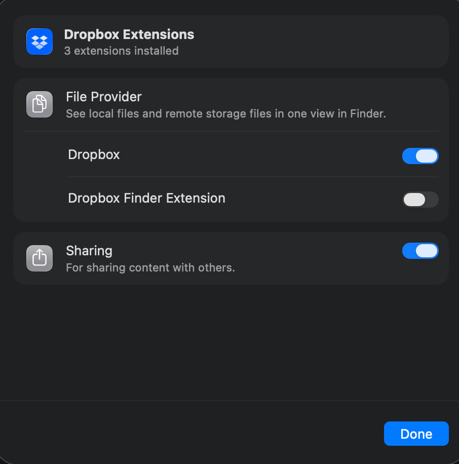 Dropbox Finder Extension doesn't work and I have no Dropbox context ...