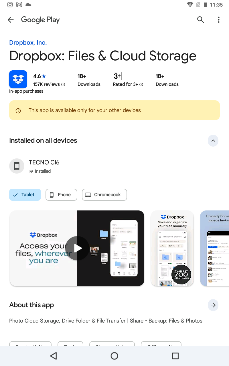 I see an error that the Dropbox app isn't available to install on my ...