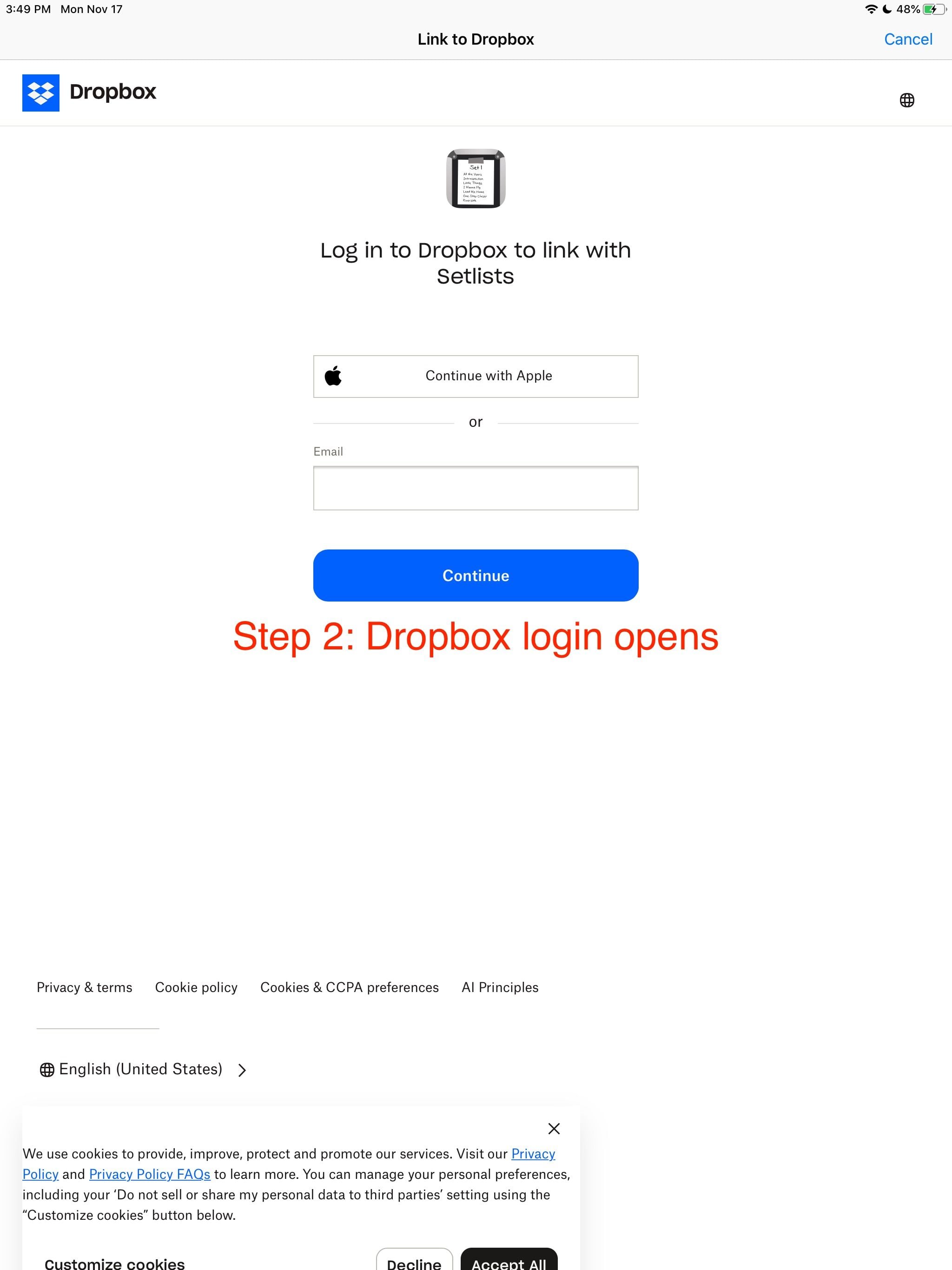 Dropbox sync problem with Setlist app. Can't connect with Dropbox ...