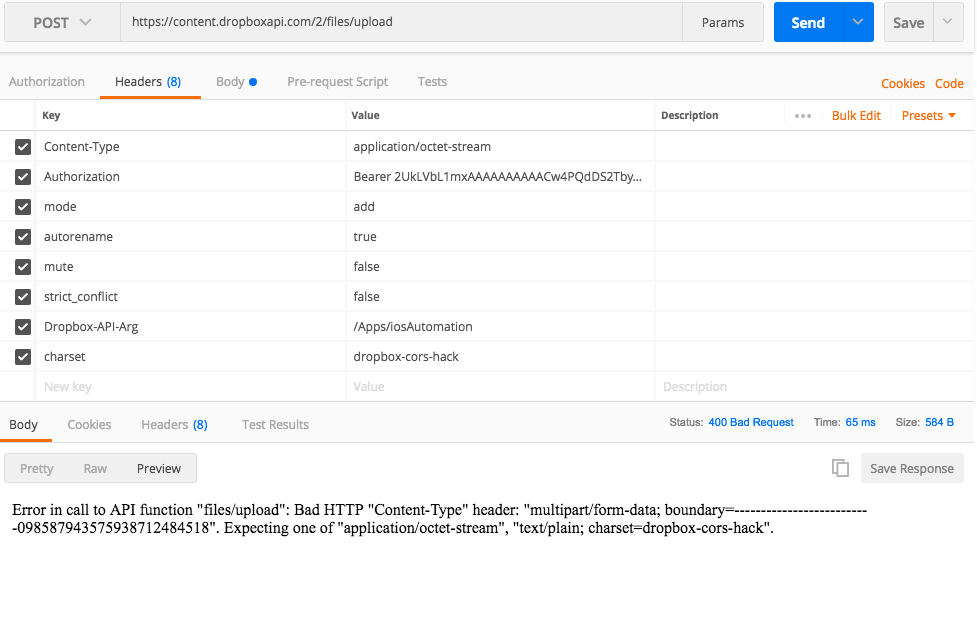 Unable to upload the file via API - Dropbox Community